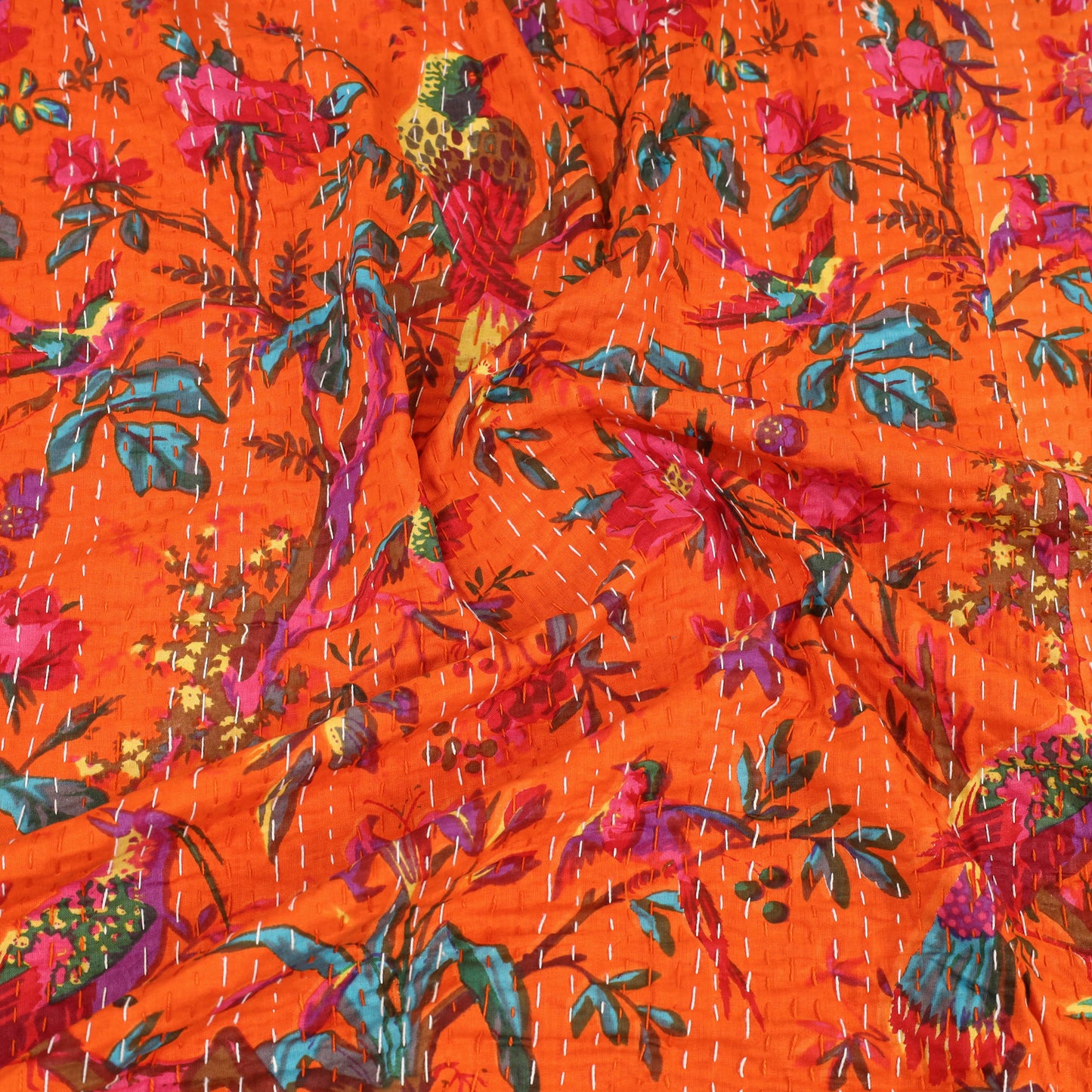 Orange - Jaipur Print Double Tagai Kantha Bed Cover 27