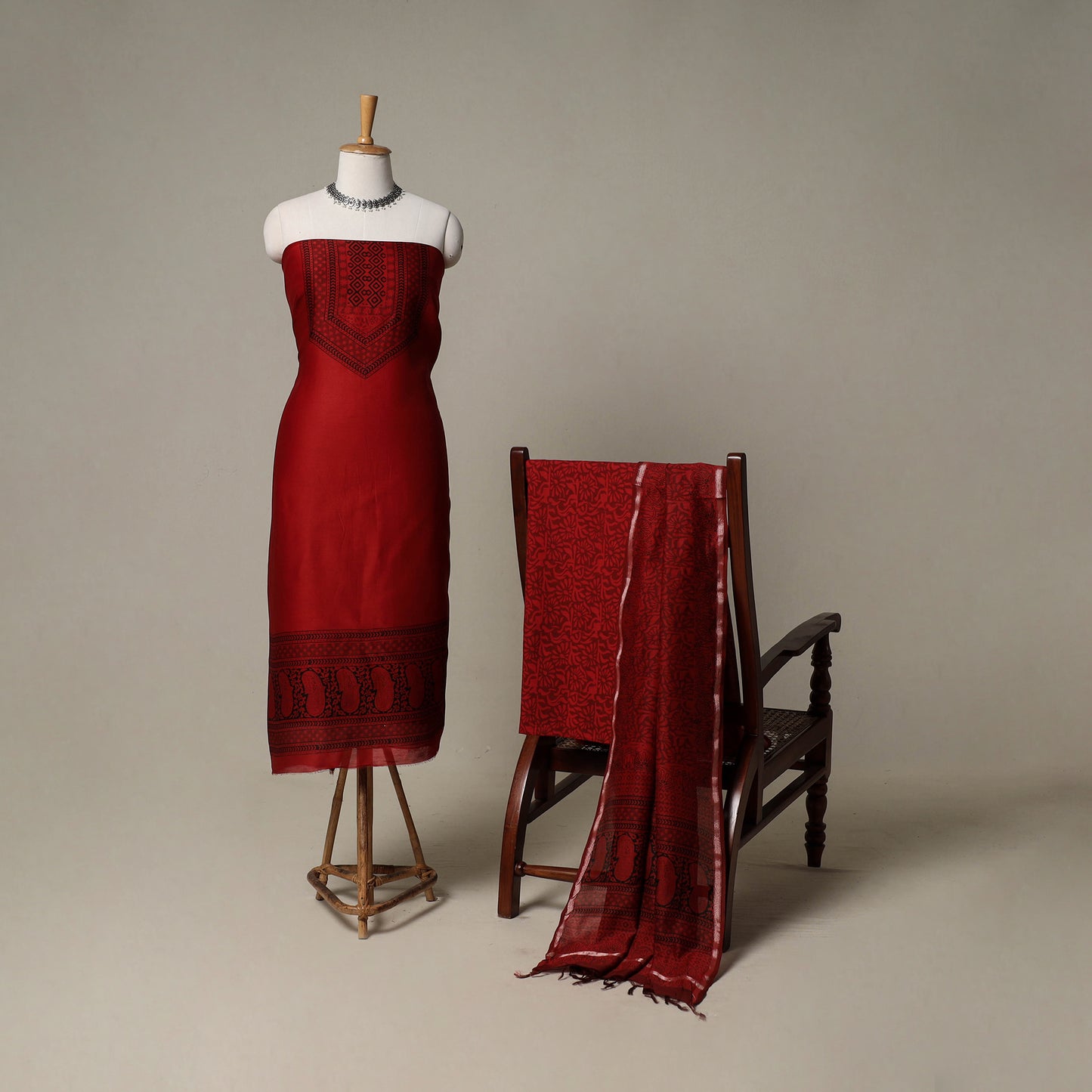 Bagh Hand Block Print Natural Dyed Chanderi Silk 3pc Unstitched Dress Material Suit Set 46