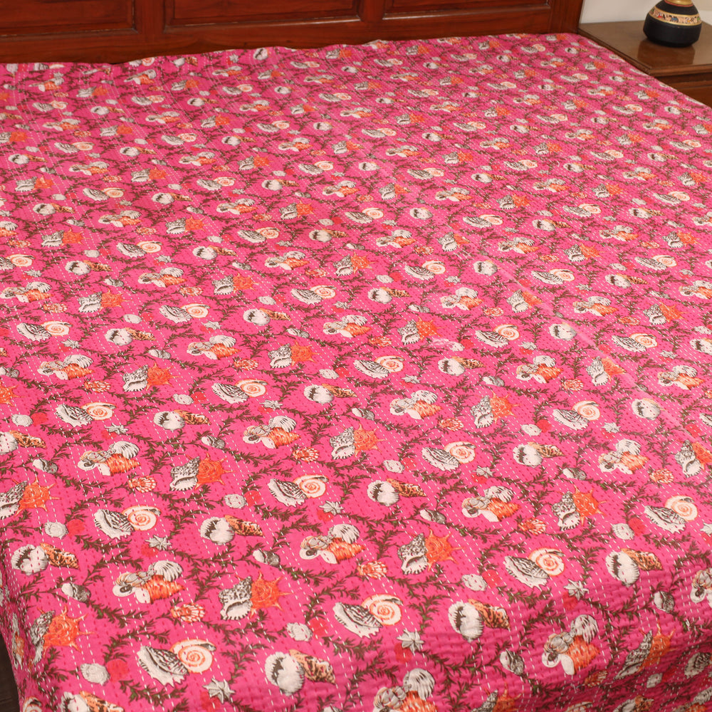 Pink - Jaipur Print Double Tagai Kantha Bed Cover 28