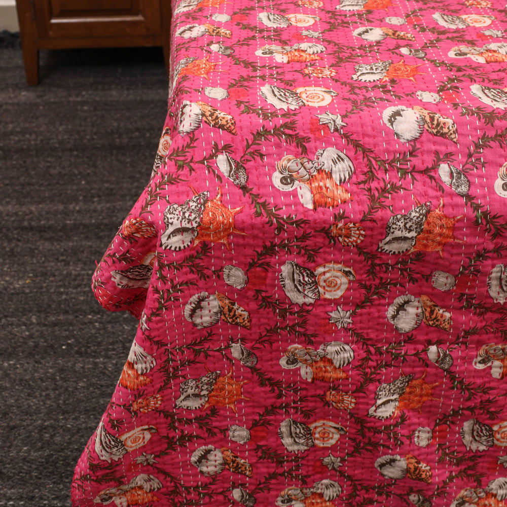 Pink - Jaipur Print Double Tagai Kantha Bed Cover 28