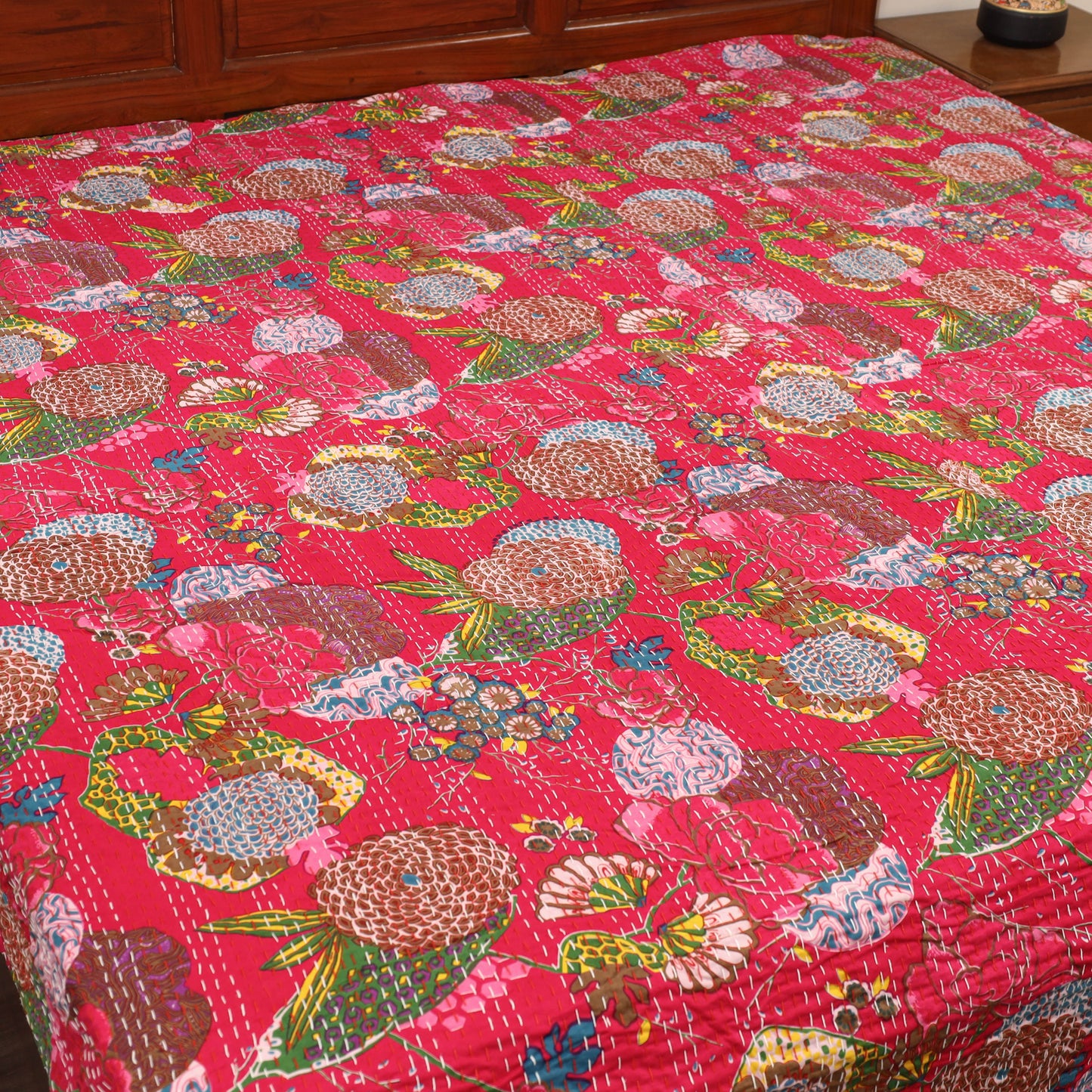 Pink - Jaipur Print Double Tagai Kantha Bed Cover 29