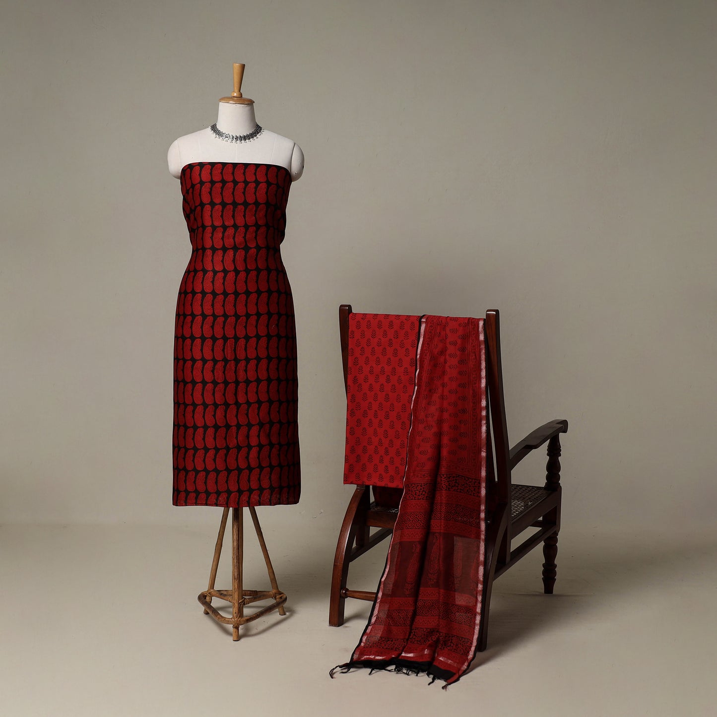 Bagh Hand Block Print Natural Dyed Chanderi Silk 3pc Unstitched Dress Material Suit Set 48