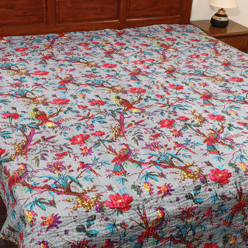 Grey - Jaipur Print Double Tagai Kantha Bed Cover 30