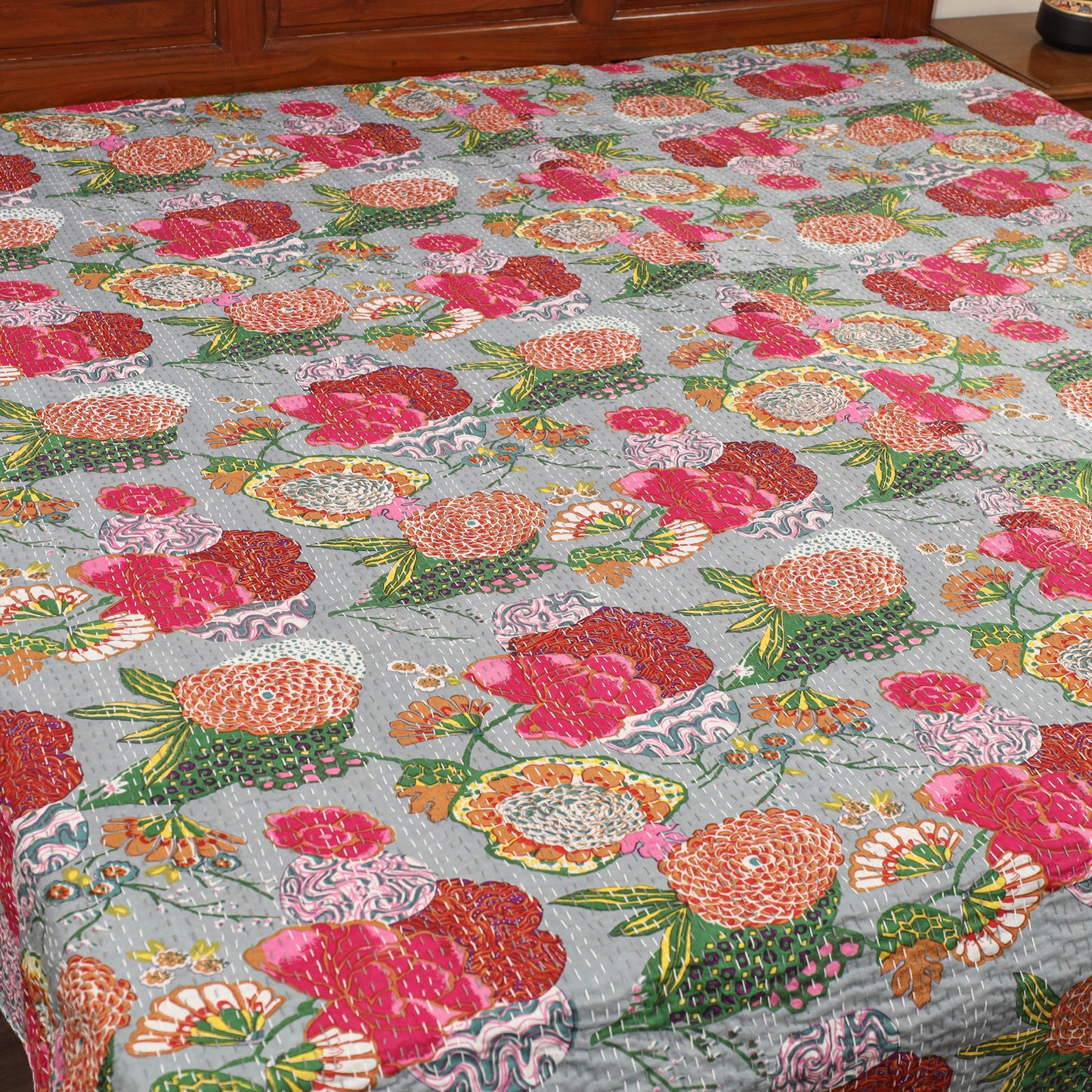 Grey - Jaipur Print Double Tagai Kantha Bed Cover 31