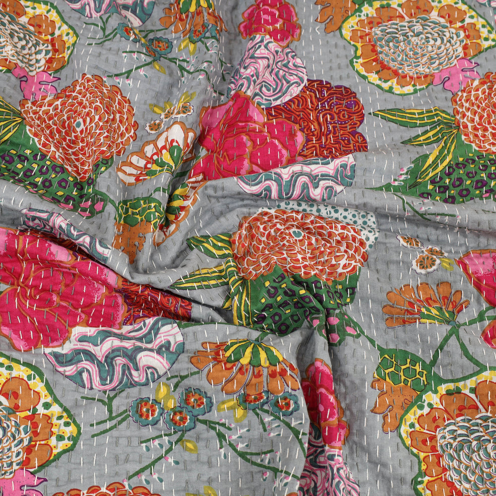 Grey - Jaipur Print Double Tagai Kantha Bed Cover 31