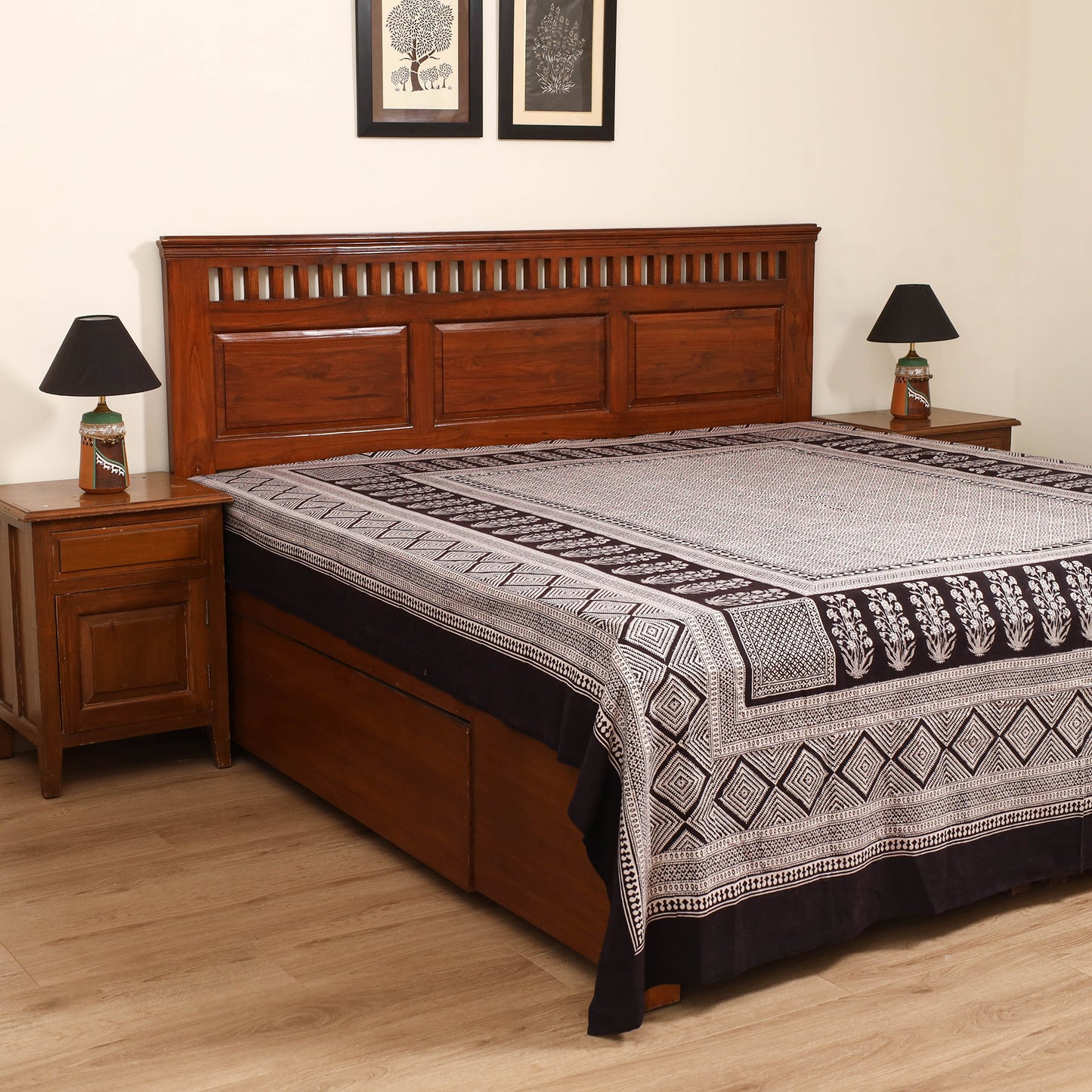 Black - Bagh Hand Block Print Cotton Double Bedsheet (108 x 90 in) 01