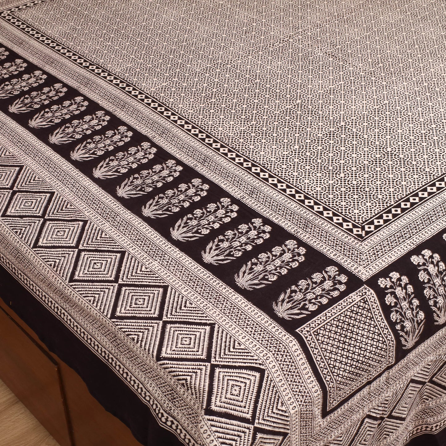 Black - Bagh Hand Block Print Cotton Double Bedsheet (108 x 90 in) 01
