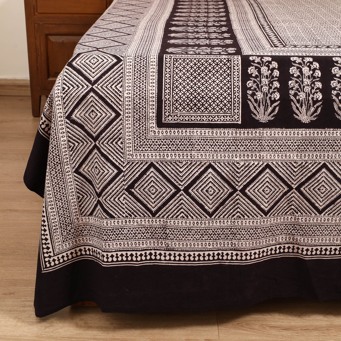 Black - Bagh Hand Block Print Cotton Double Bedsheet (108 x 90 in) 01