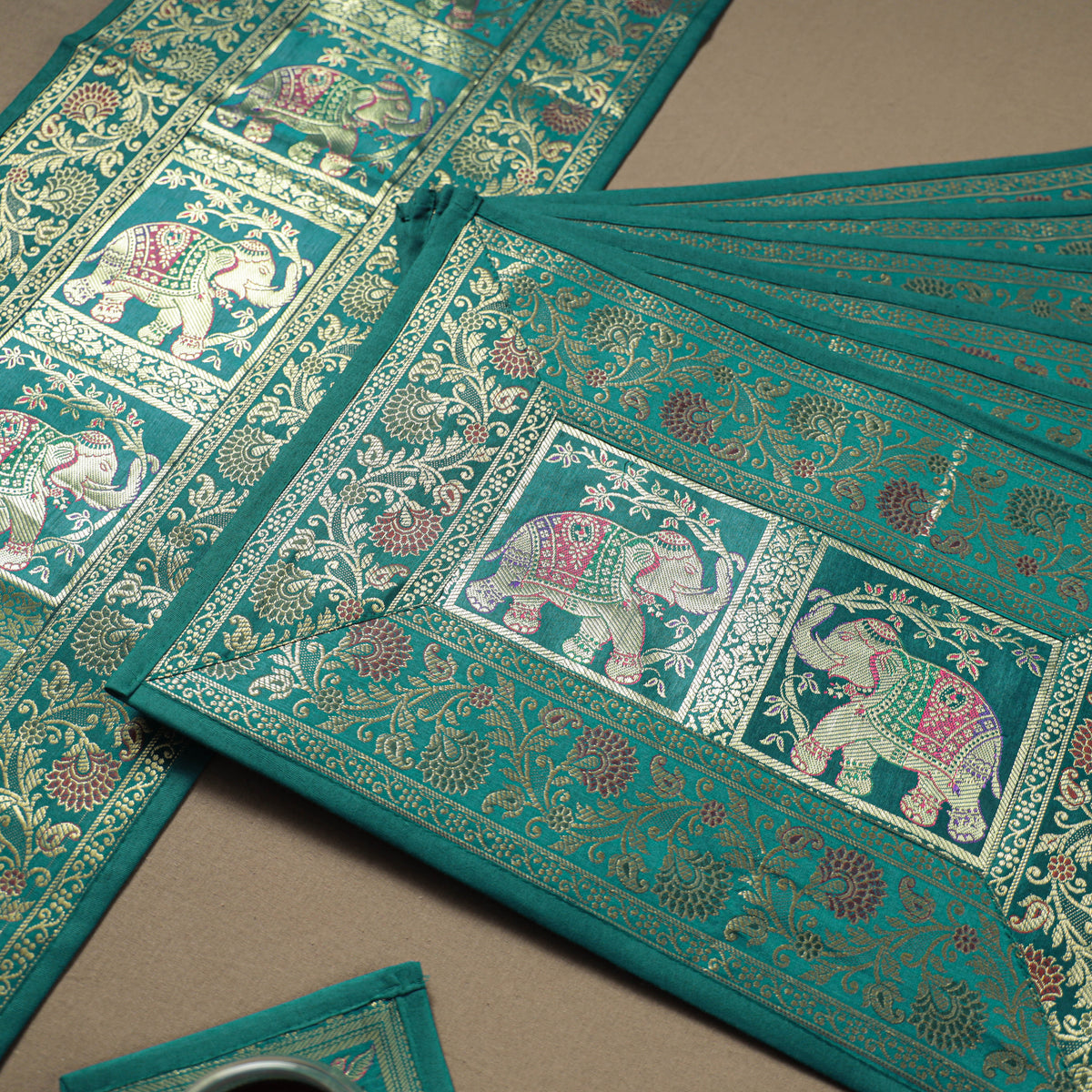 Brocade Banarasi Silk Dining Table Linen with 1 Runner, 6 mats and 6 coasters 11
