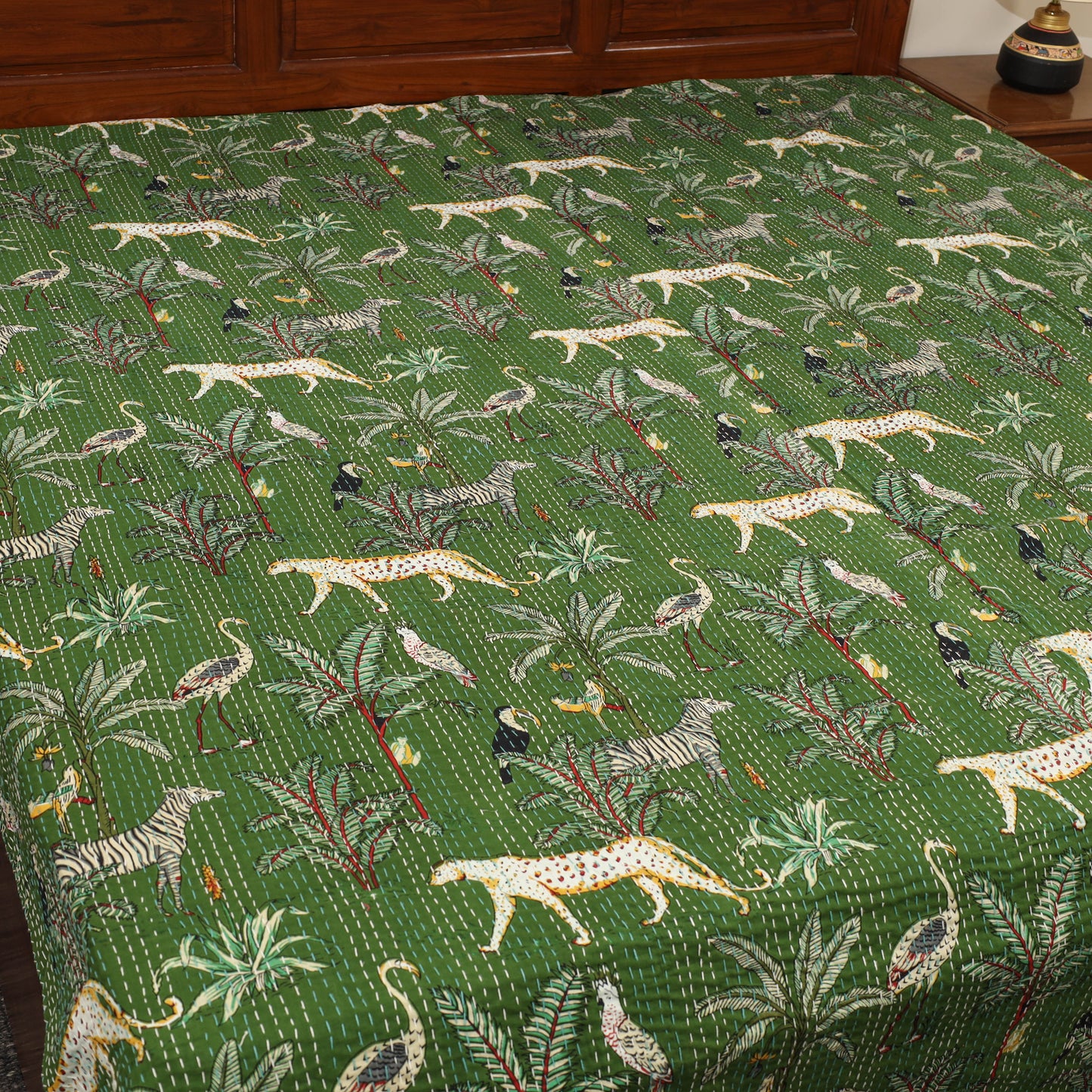 Green - Jaipur Print Double Tagai Kantha Bed Cover 34