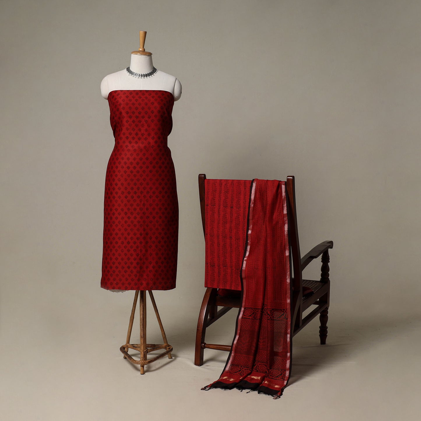 Bagh Hand Block Print Natural Dyed Chanderi Silk 3pc Unstitched Dress Material Suit Set 52