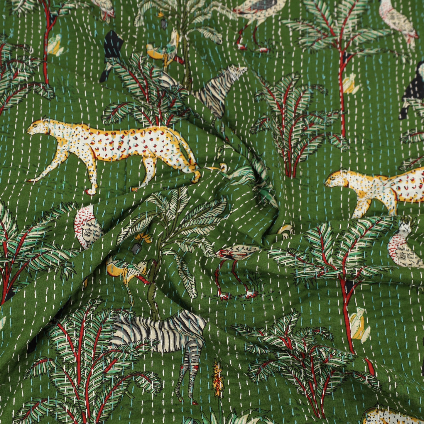 Green - Jaipur Print Double Tagai Kantha Bed Cover 34