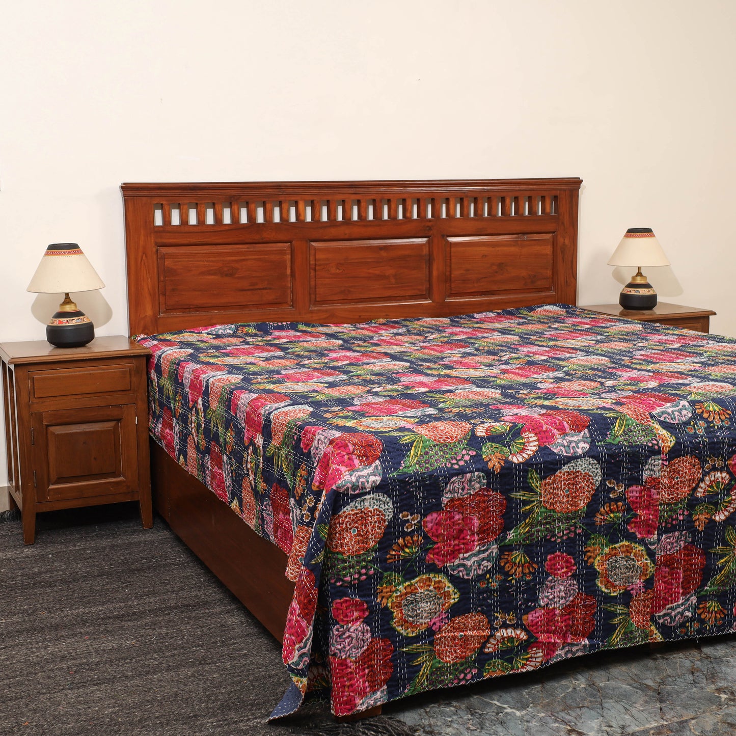 Blue - Jaipur Print Double Tagai Kantha Bed Cover 35