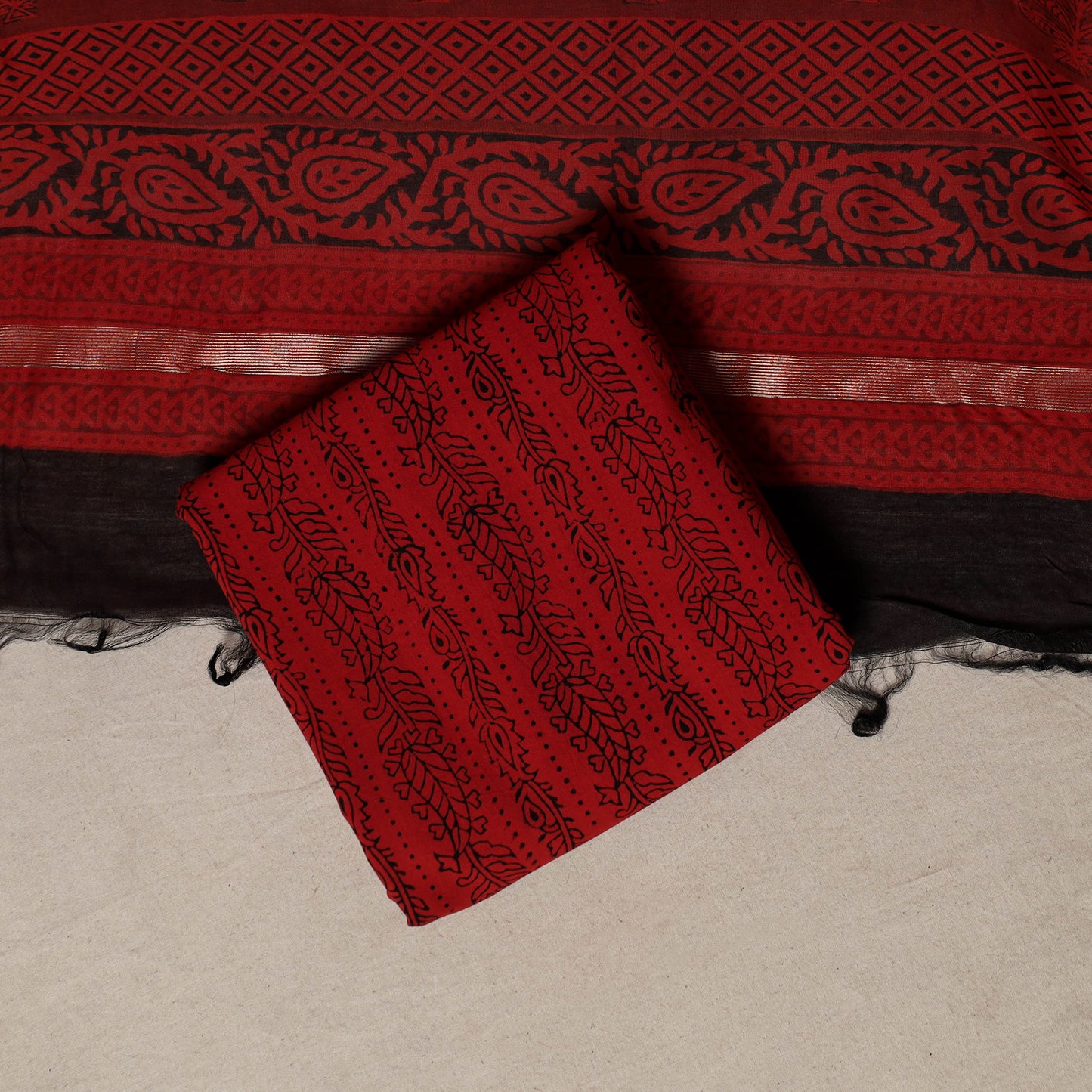 Bagh Hand Block Print Natural Dyed Chanderi Silk 3pc Unstitched Dress Material Suit Set 52