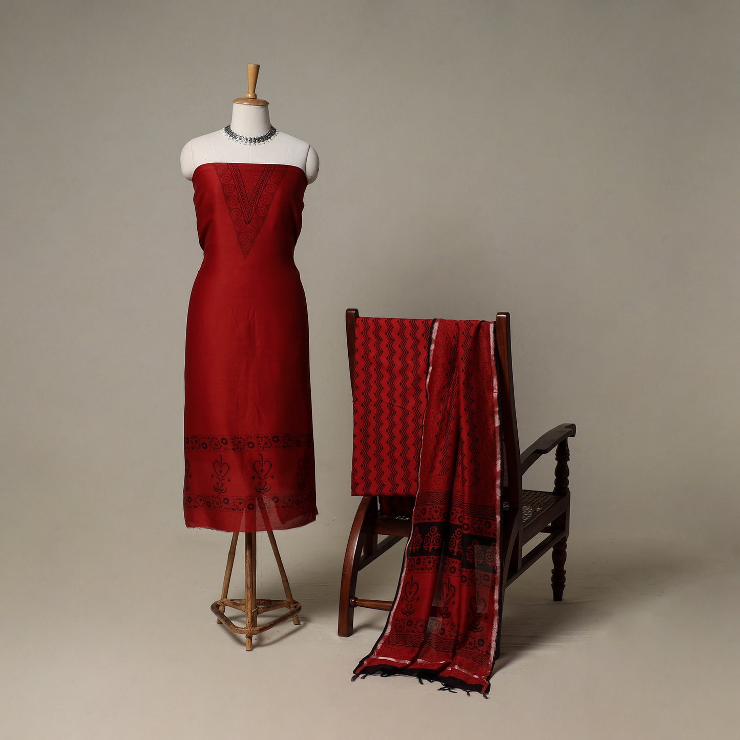 Bagh Hand Block Print Natural Dyed Chanderi Silk 3pc Unstitched Dress Material Suit Set 53