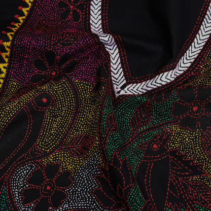Black - Bengal Kantha Hand Embroidery Pure Cotton Kurta Material - 2.75 Meter
