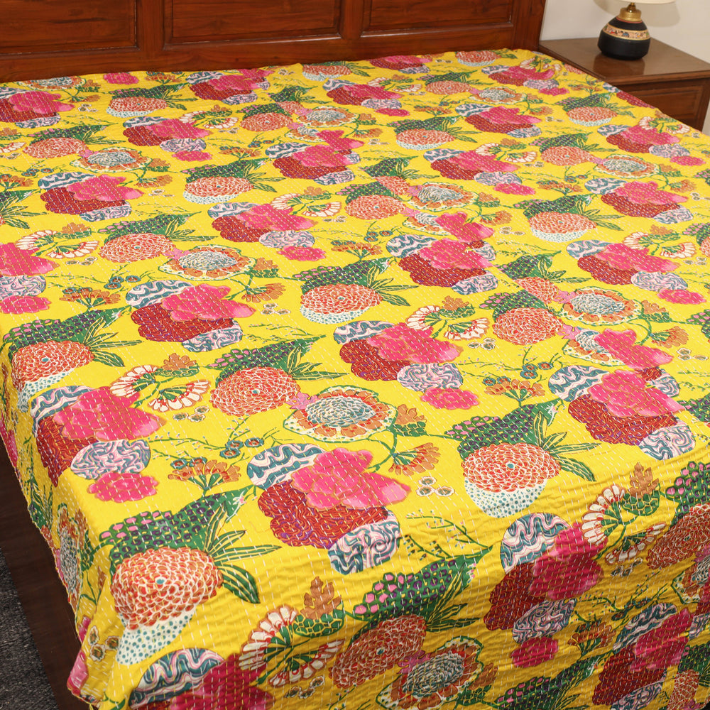 Yellow - Jaipur Print Double Tagai Kantha Bed Cover 36