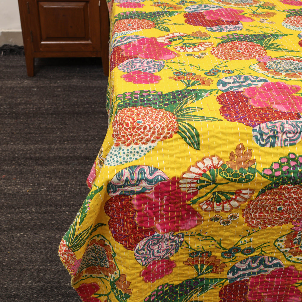 Yellow - Jaipur Print Double Tagai Kantha Bed Cover 36