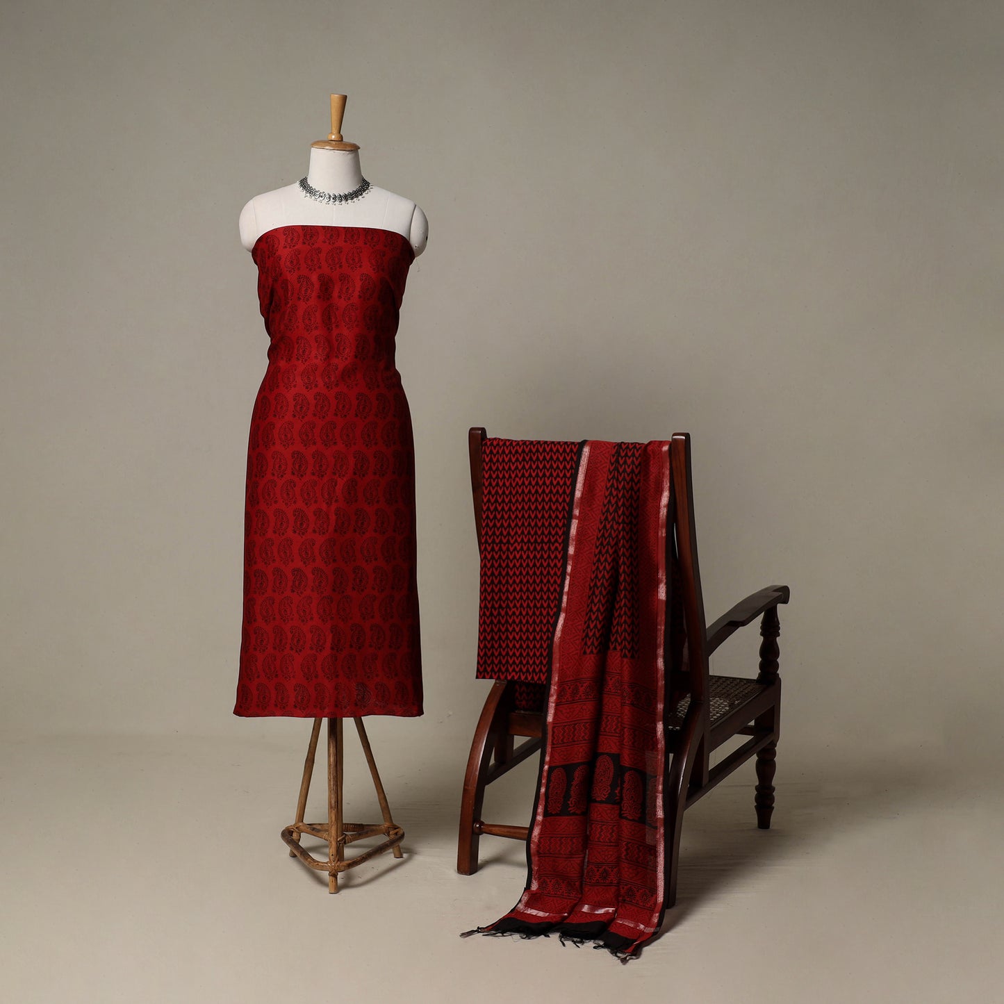 Bagh Hand Block Print Natural Dyed Chanderi Silk 3pc Unstitched Dress Material Suit Set 54