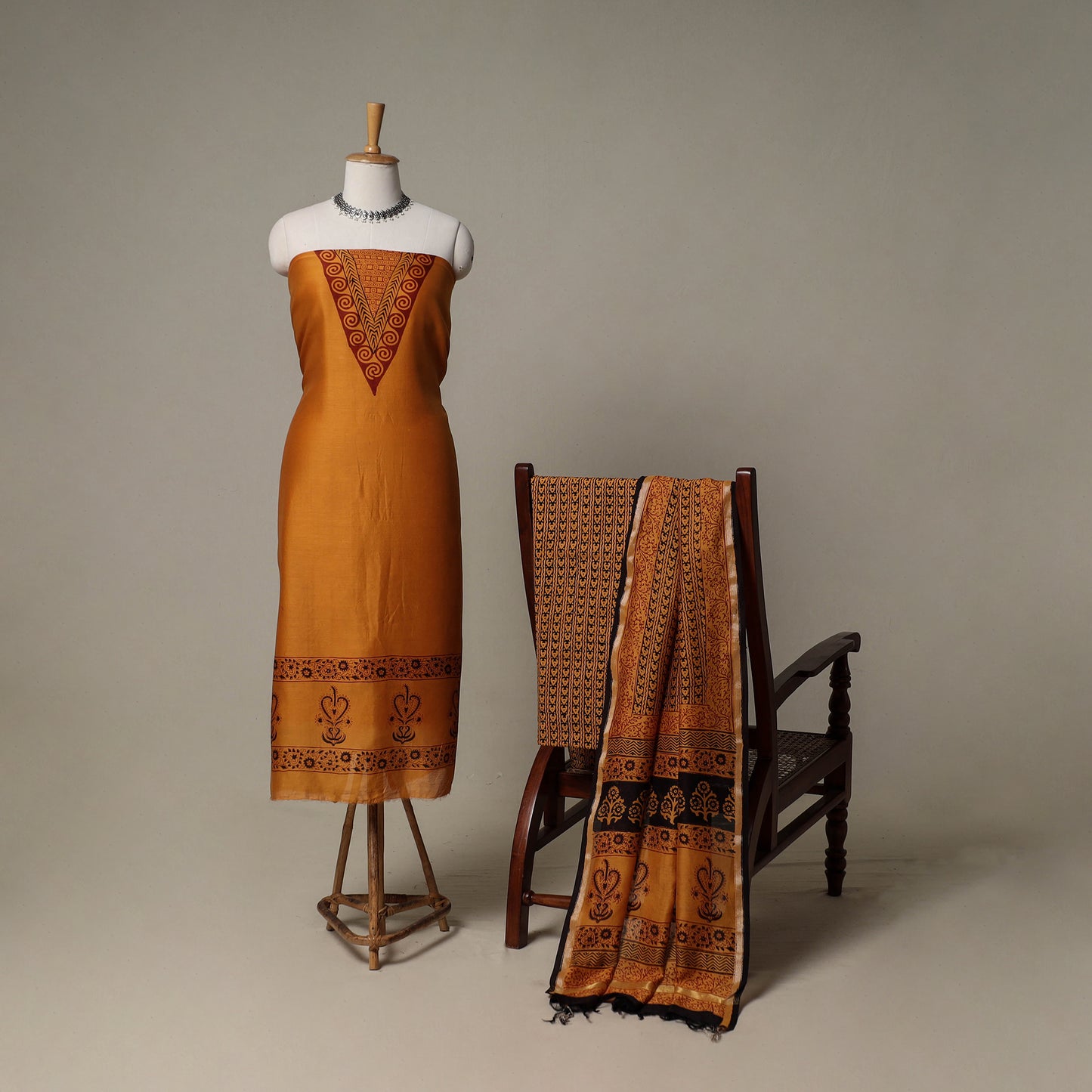 Bagh Hand Block Print Natural Dyed Chanderi Silk 3pc Unstitched Dress Material Suit Set 55