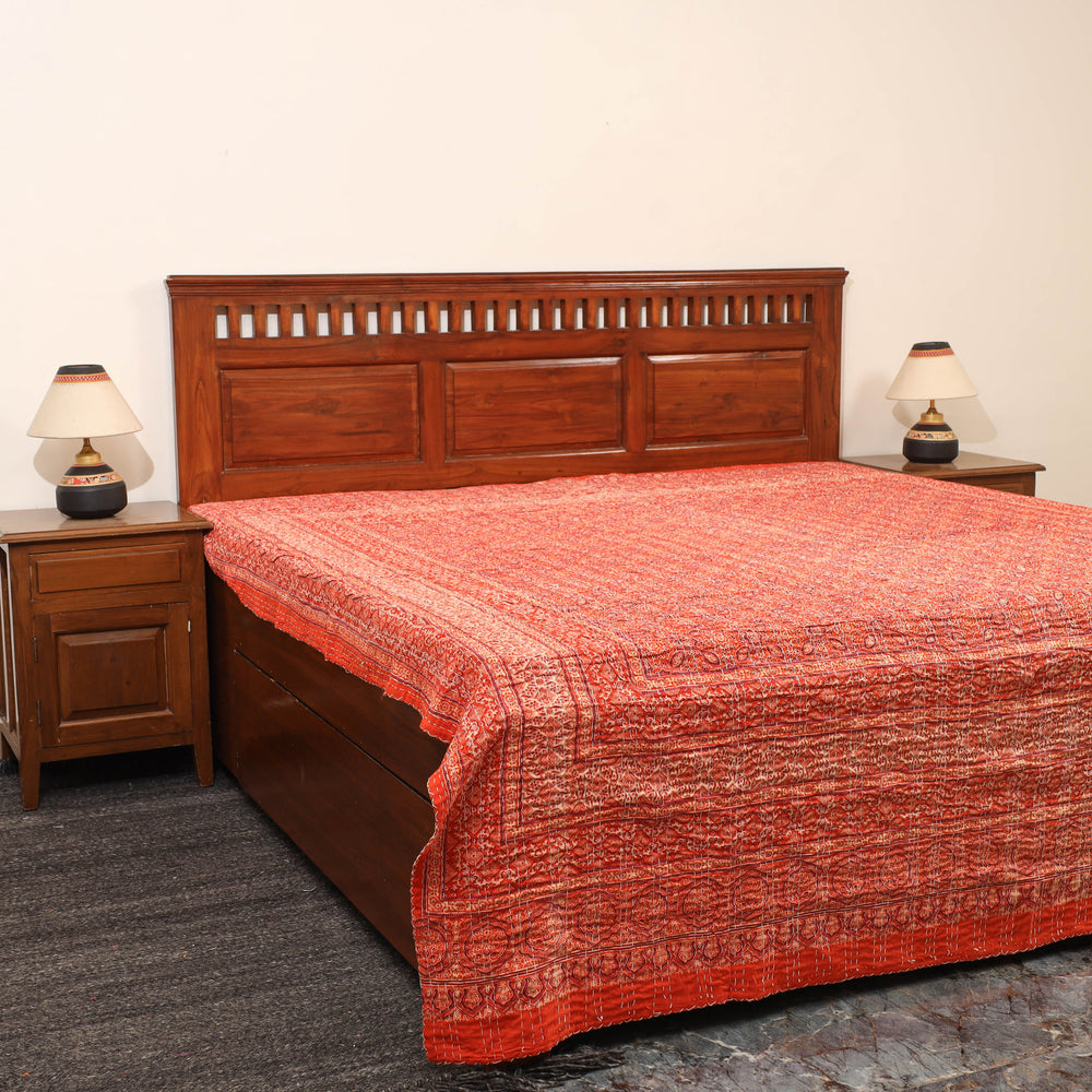 Orange - Ajrakh Print Double Tagai Kantha Bed Cover 38