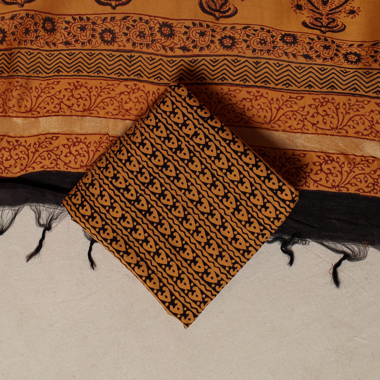 Bagh Hand Block Print Natural Dyed Chanderi Silk 3pc Unstitched Dress Material Suit Set 55