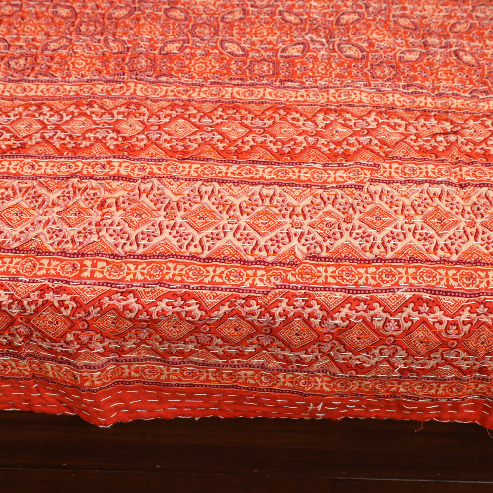 Orange - Ajrakh Print Double Tagai Kantha Bed Cover 38