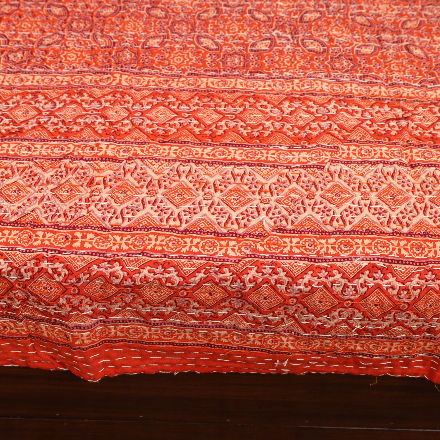 Orange - Ajrakh Print Double Tagai Kantha Bed Cover 38