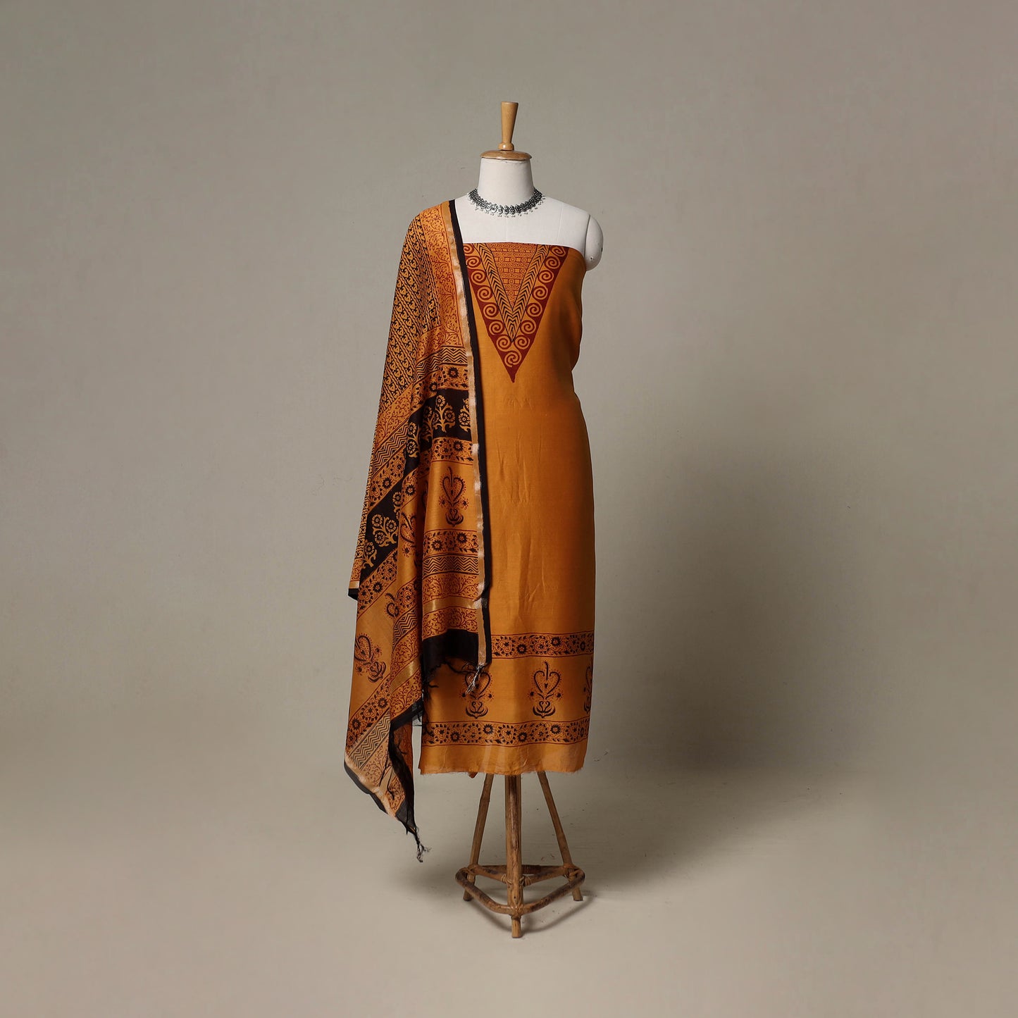 Bagh Hand Block Print Natural Dyed Chanderi Silk 3pc Unstitched Dress Material Suit Set 55