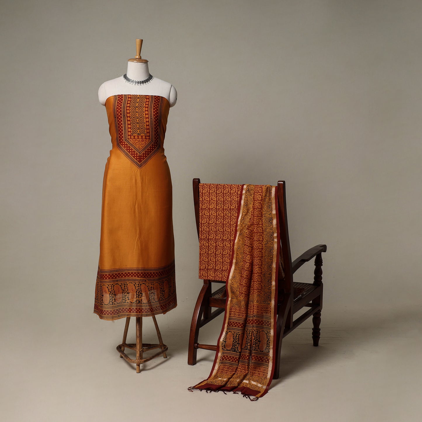 Bagh Hand Block Print Natural Dyed Chanderi Silk 3pc Unstitched Dress Material Suit Set 56