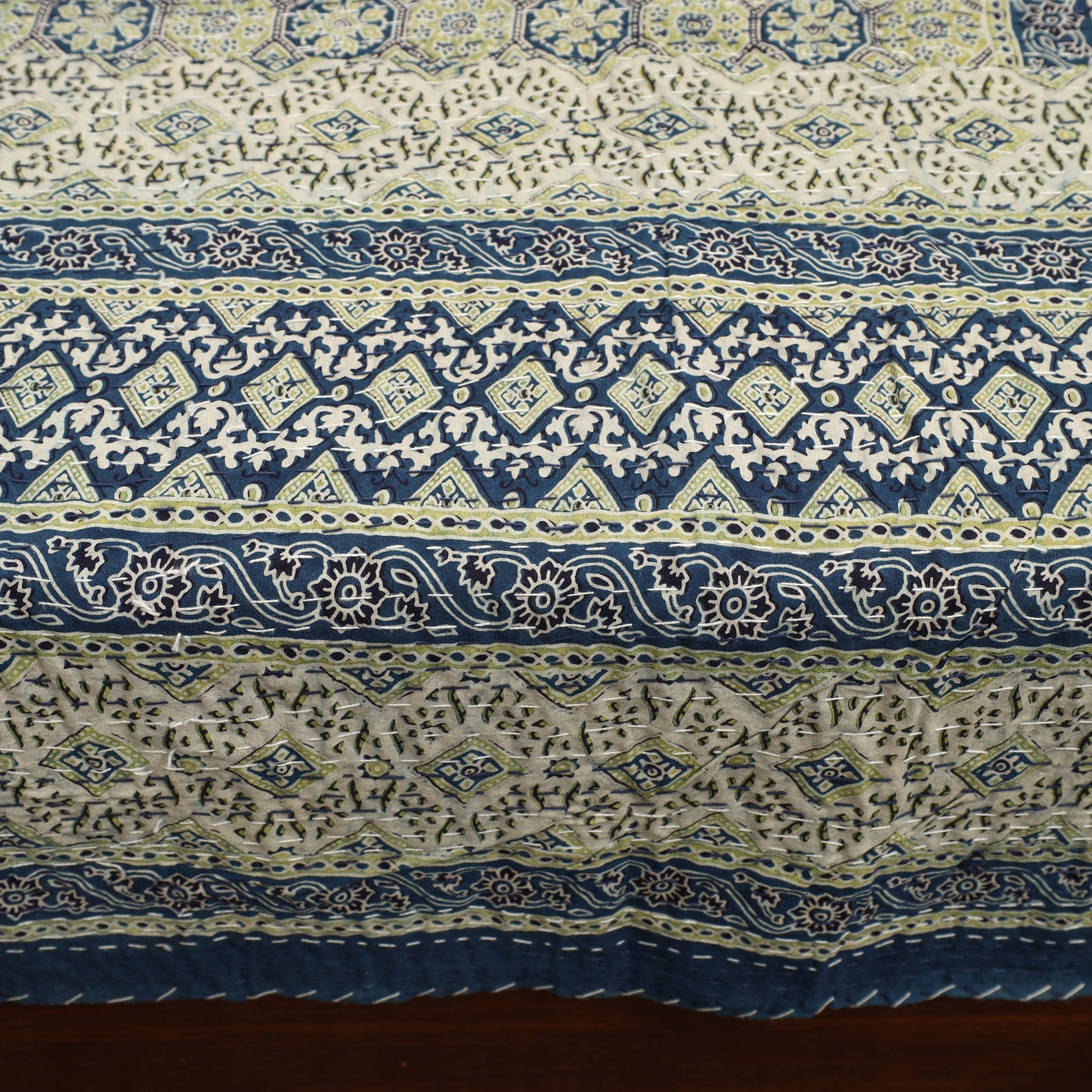 Beige - Ajrakh Print Double Tagai Kantha Bed Cover 39