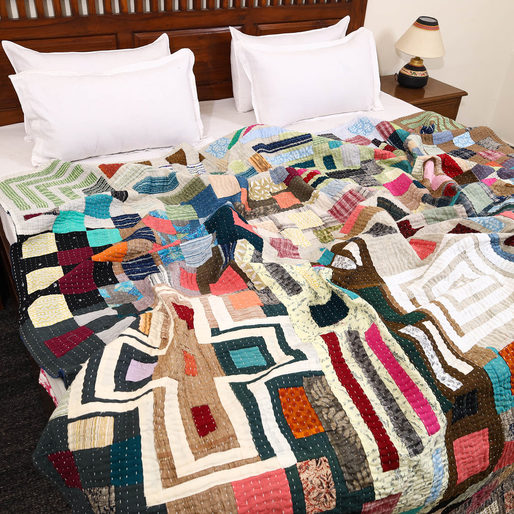 Multicolor - Handmade Cotton Tagai Patchwork Quilt (108 x 90 in) 03