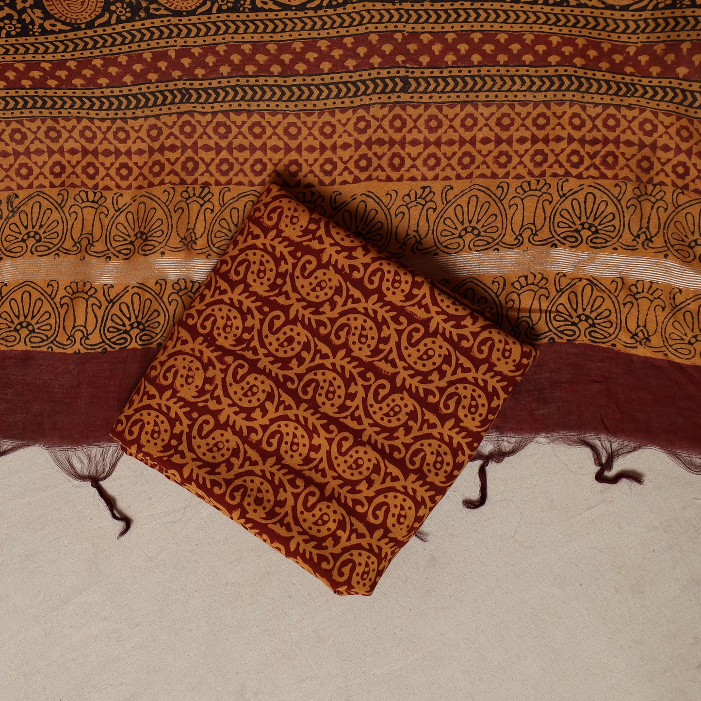 Bagh Hand Block Print Natural Dyed Chanderi Silk 3pc Unstitched Dress Material Suit Set 56