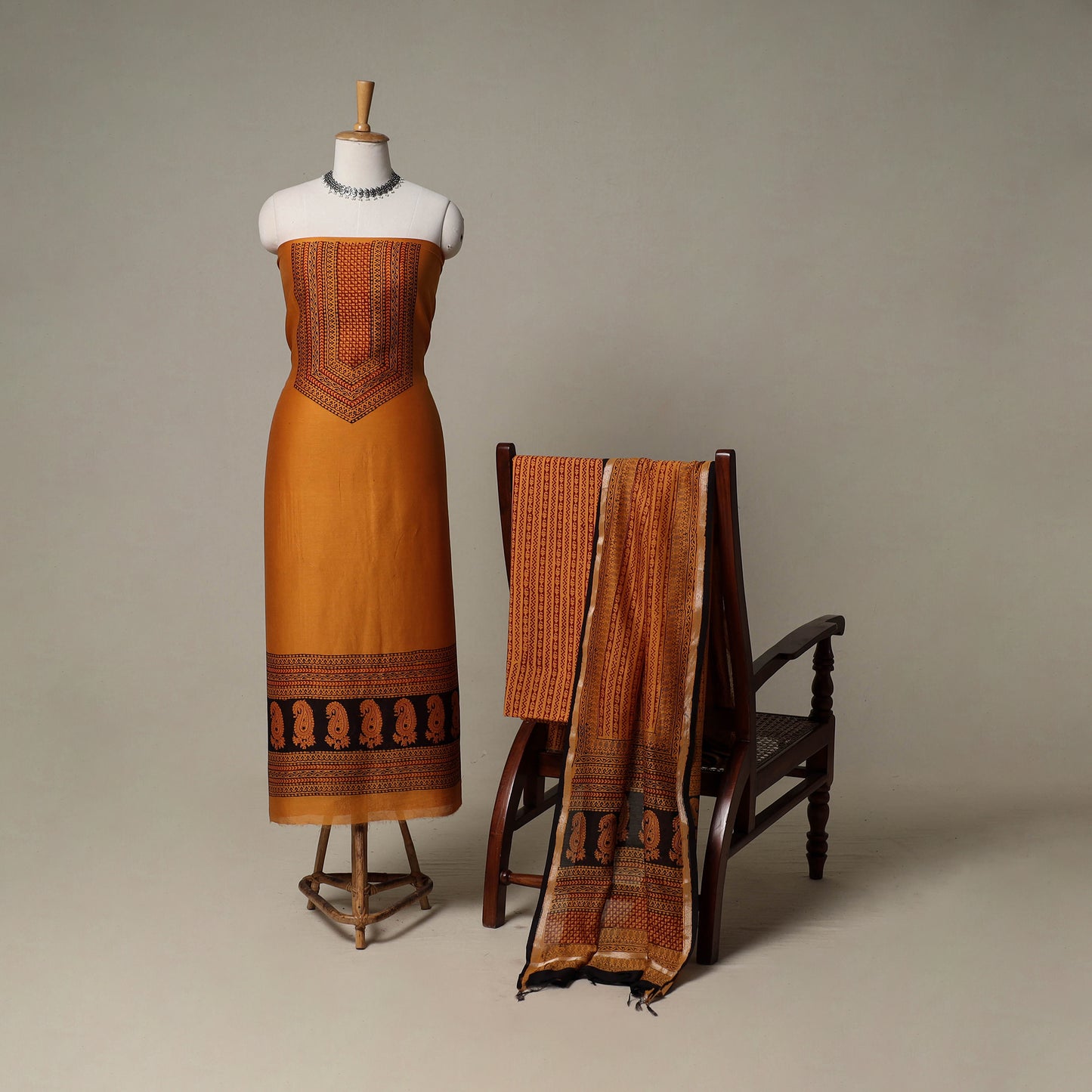 Bagh Hand Block Print Natural Dyed Chanderi Silk 3pc Unstitched Dress Material Suit Set 57
