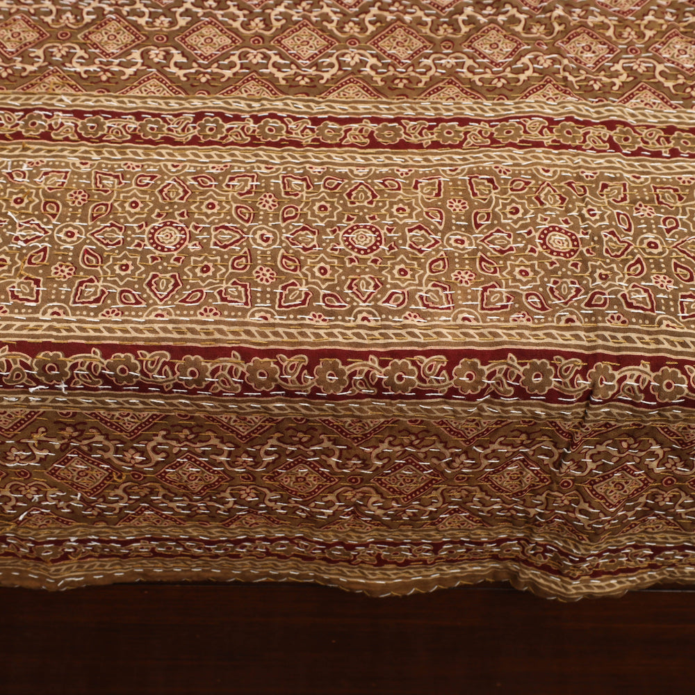 Brown - Ajrakh Print Double Tagai Kantha Bed Cover 40