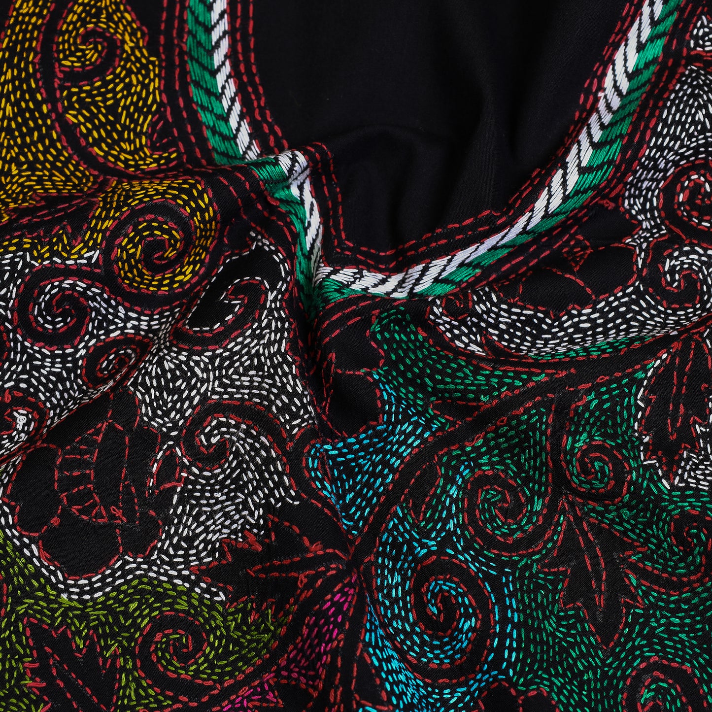 Black - Bengal Kantha Hand Embroidery Pure Cotton Kurta Material - 2.65 Meter