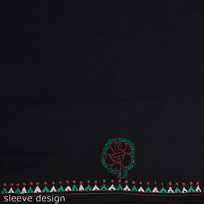 Black - Bengal Kantha Hand Embroidery Pure Cotton Kurta Material - 2.65 Meter