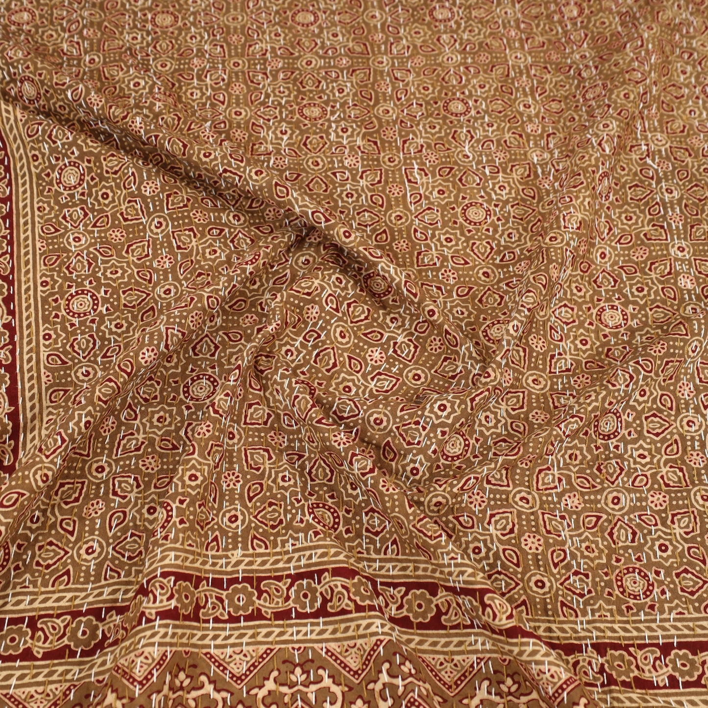 Brown - Ajrakh Print Double Tagai Kantha Bed Cover 40