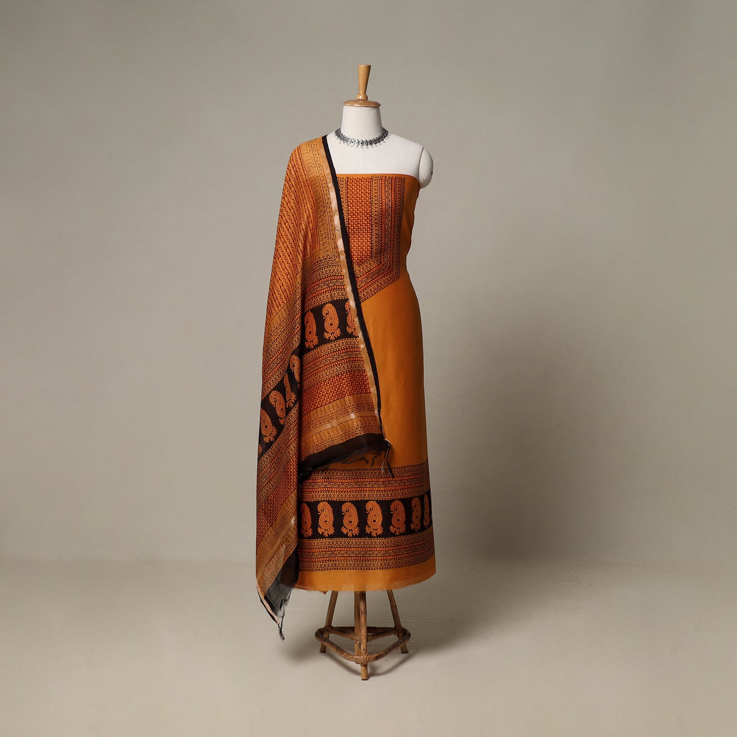 Bagh Hand Block Print Natural Dyed Chanderi Silk 3pc Unstitched Dress Material Suit Set 57