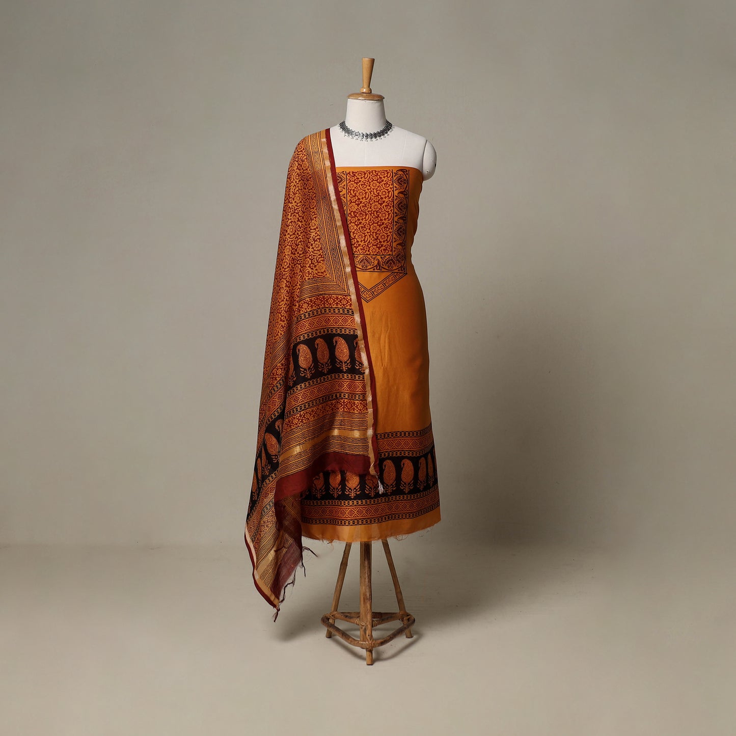 Bagh Hand Block Print Natural Dyed Chanderi Silk 3pc Unstitched Dress Material Suit Set 58