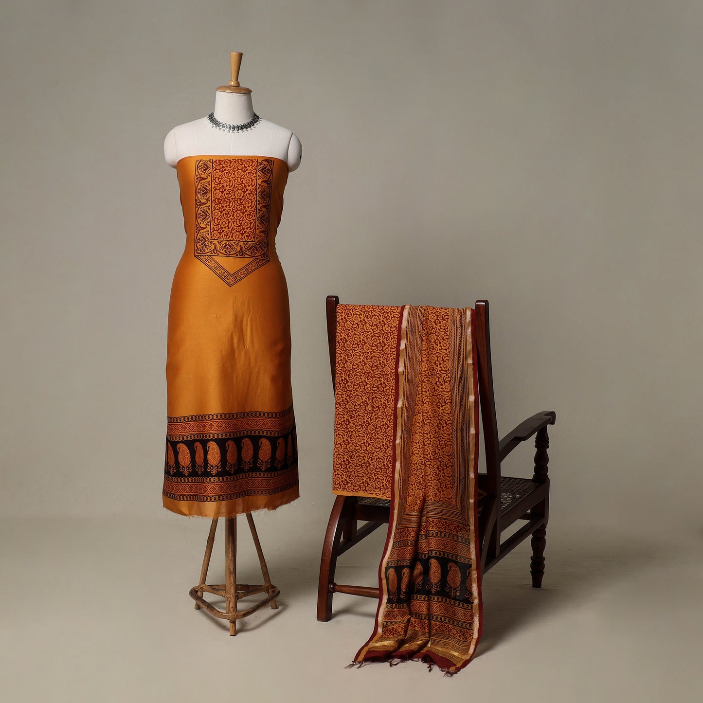 Bagh Hand Block Print Natural Dyed Chanderi Silk 3pc Unstitched Dress Material Suit Set 58