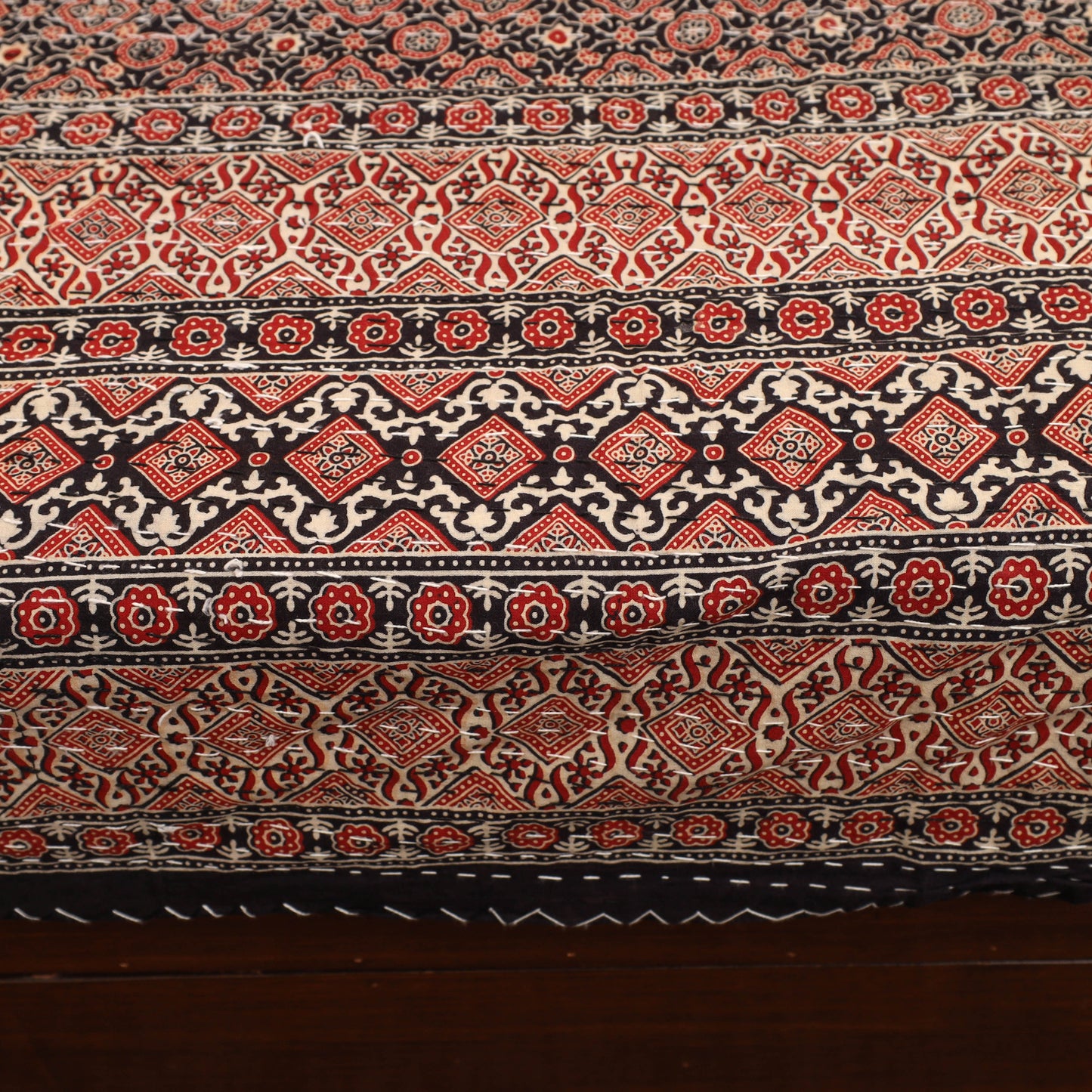 Brown - Ajrakh Print Double Tagai Kantha Bed Cover 41