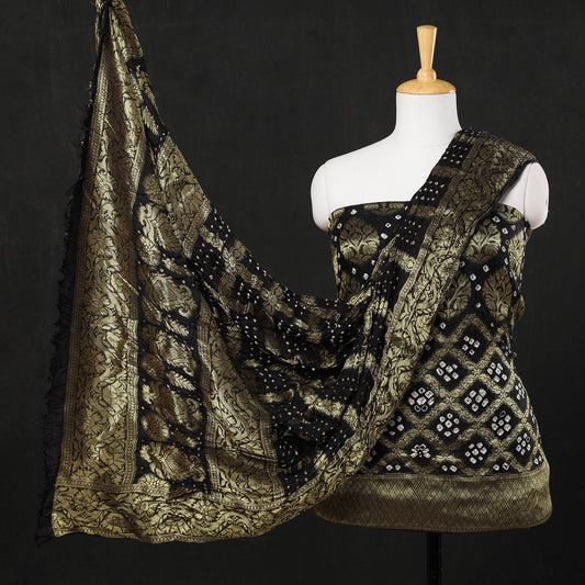 Multicolor - 3pc Kutch Bandhani Tie & Dye Jacquard Silk Heavy Zari Work Suit Material Set