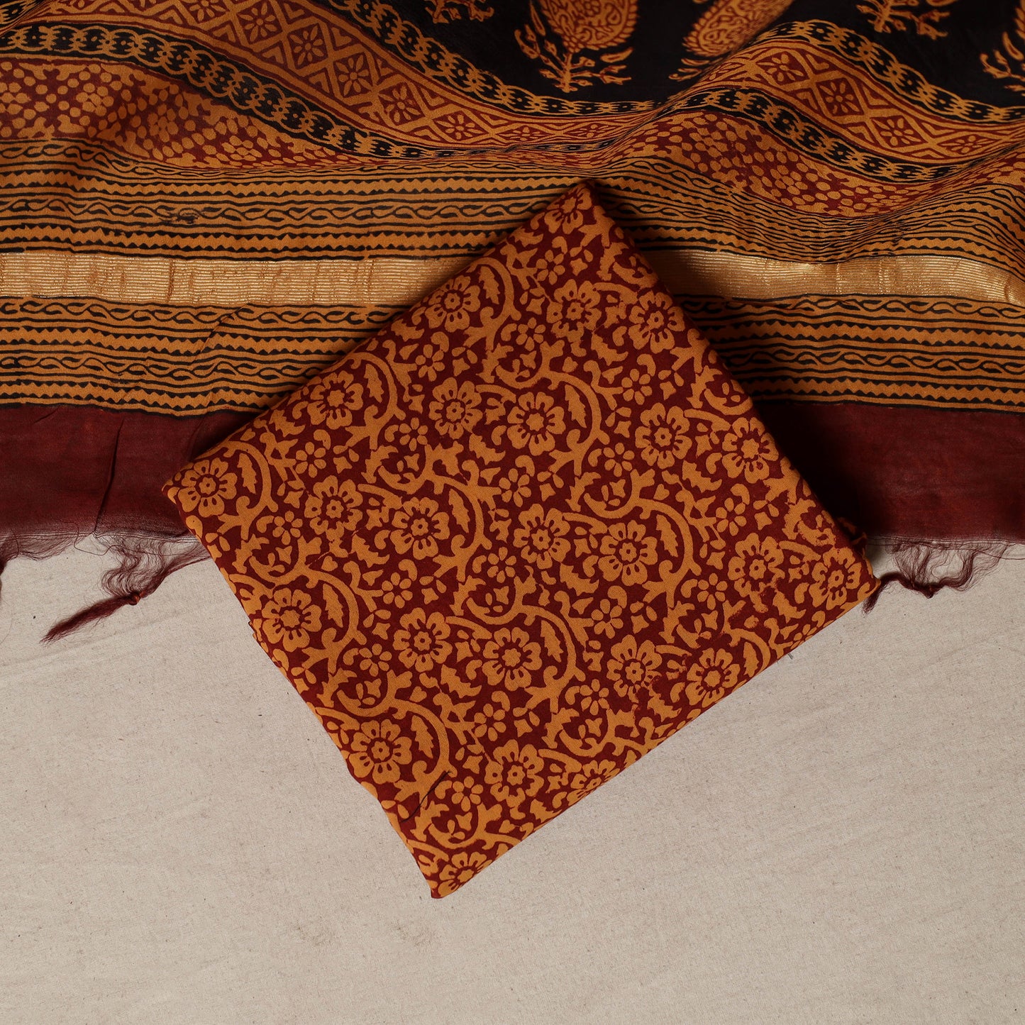 Bagh Hand Block Print Natural Dyed Chanderi Silk 3pc Unstitched Dress Material Suit Set 58