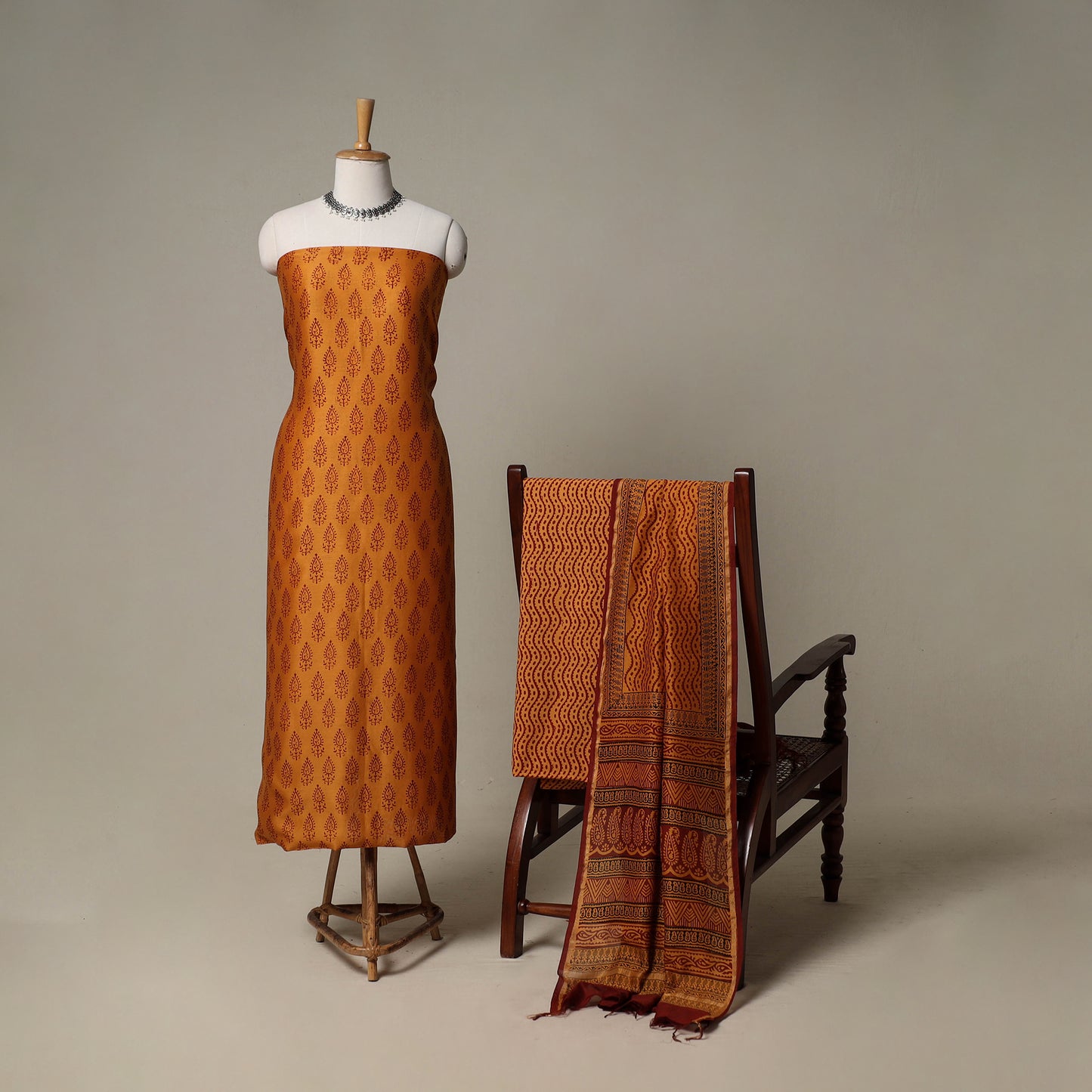 Bagh Hand Block Print Natural Dyed Chanderi Silk 3pc Unstitched Dress Material Suit Set 59