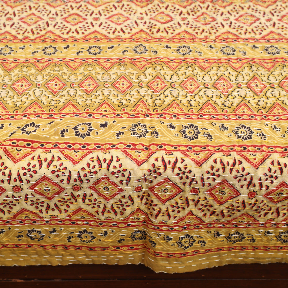 Yellow - Ajrakh Print Double Tagai Kantha Bed Cover 42