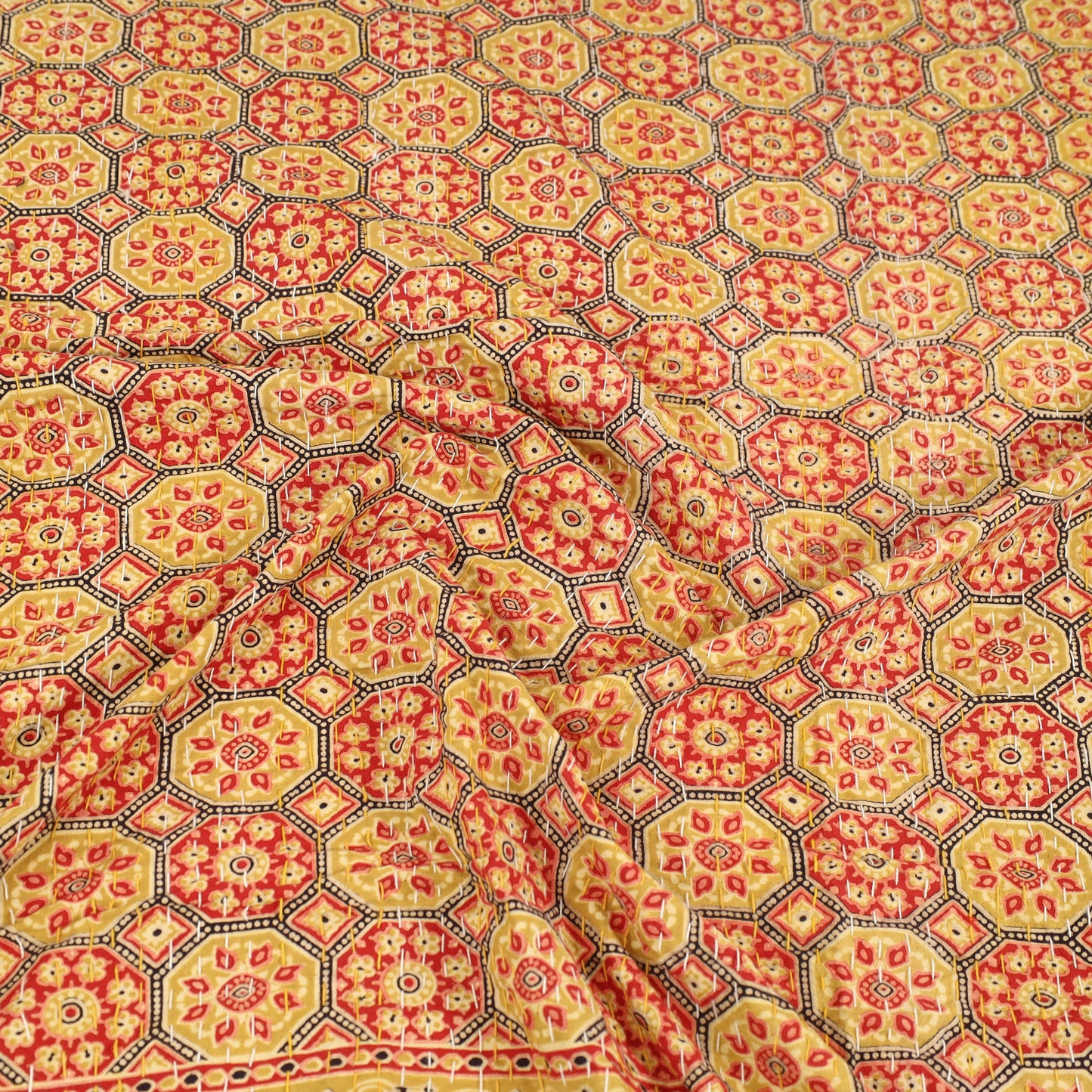 Yellow - Ajrakh Print Double Tagai Kantha Bed Cover 42