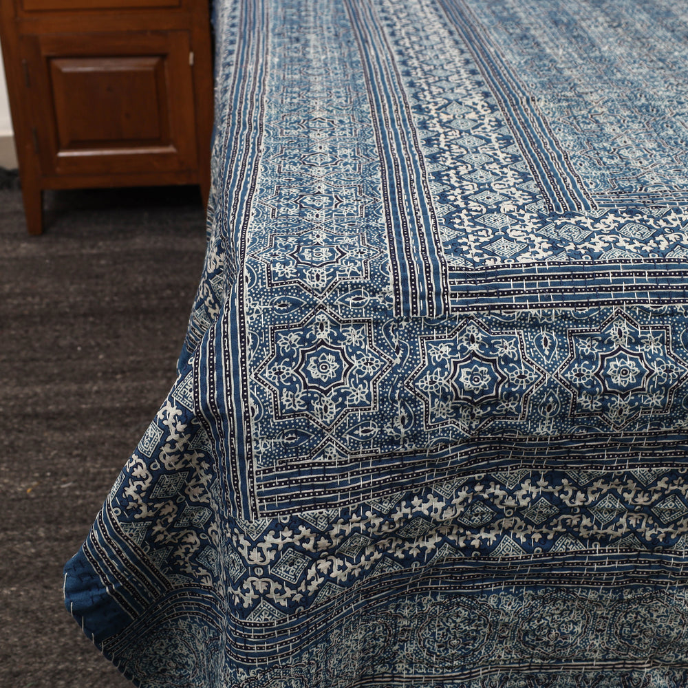 Blue - Ajrakh Print Double Tagai Kantha Bed Cover 43