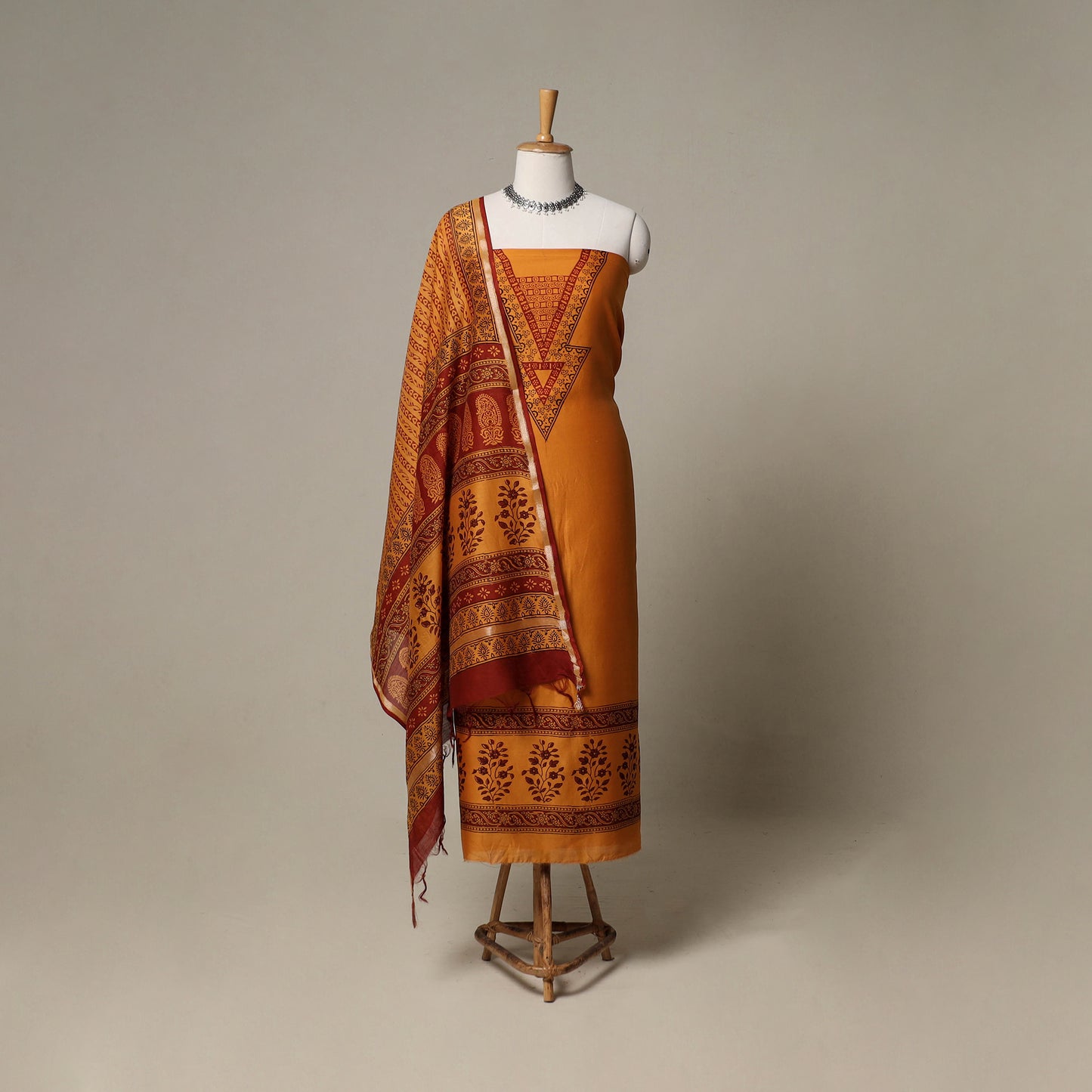 Bagh Hand Block Print Natural Dyed Chanderi Silk 3pc Unstitched Dress Material Suit Set 60