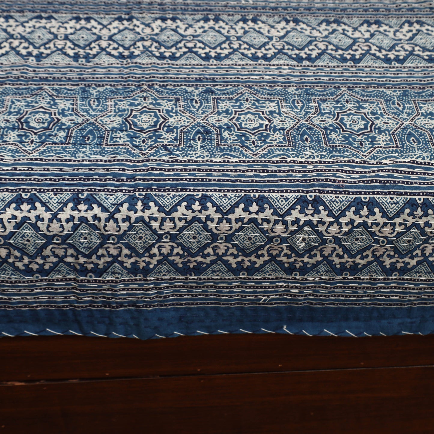 Blue - Ajrakh Print Double Tagai Kantha Bed Cover 43